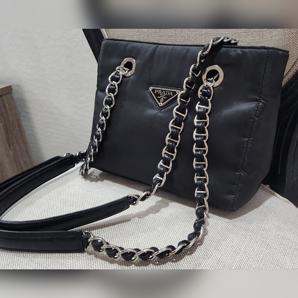 PRADA Black Nylon Tessuto Tote with Leather Thread Chain - Picture 4 of 16